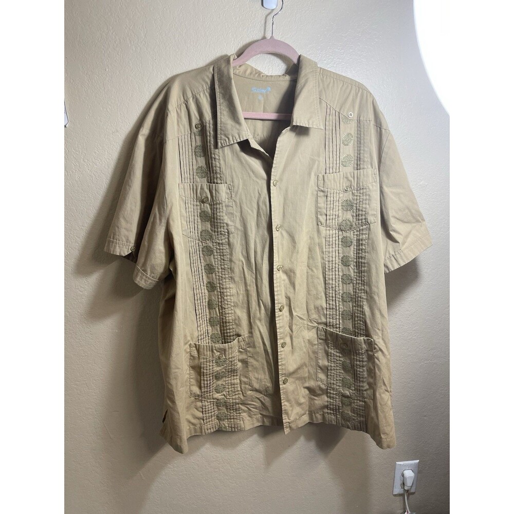 KS Island  Button Front Shirt Size 3XL TAN Pockets Embroidered